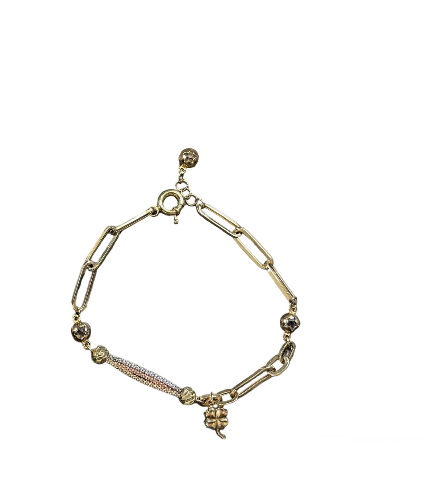 10K Paperclip Tri Tone Lucky Clover Charm Bracelet