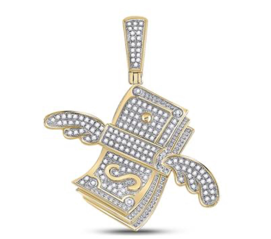 10K Yellow Gold 1/2 Cttw Diamond Flying Dollar Money Charm