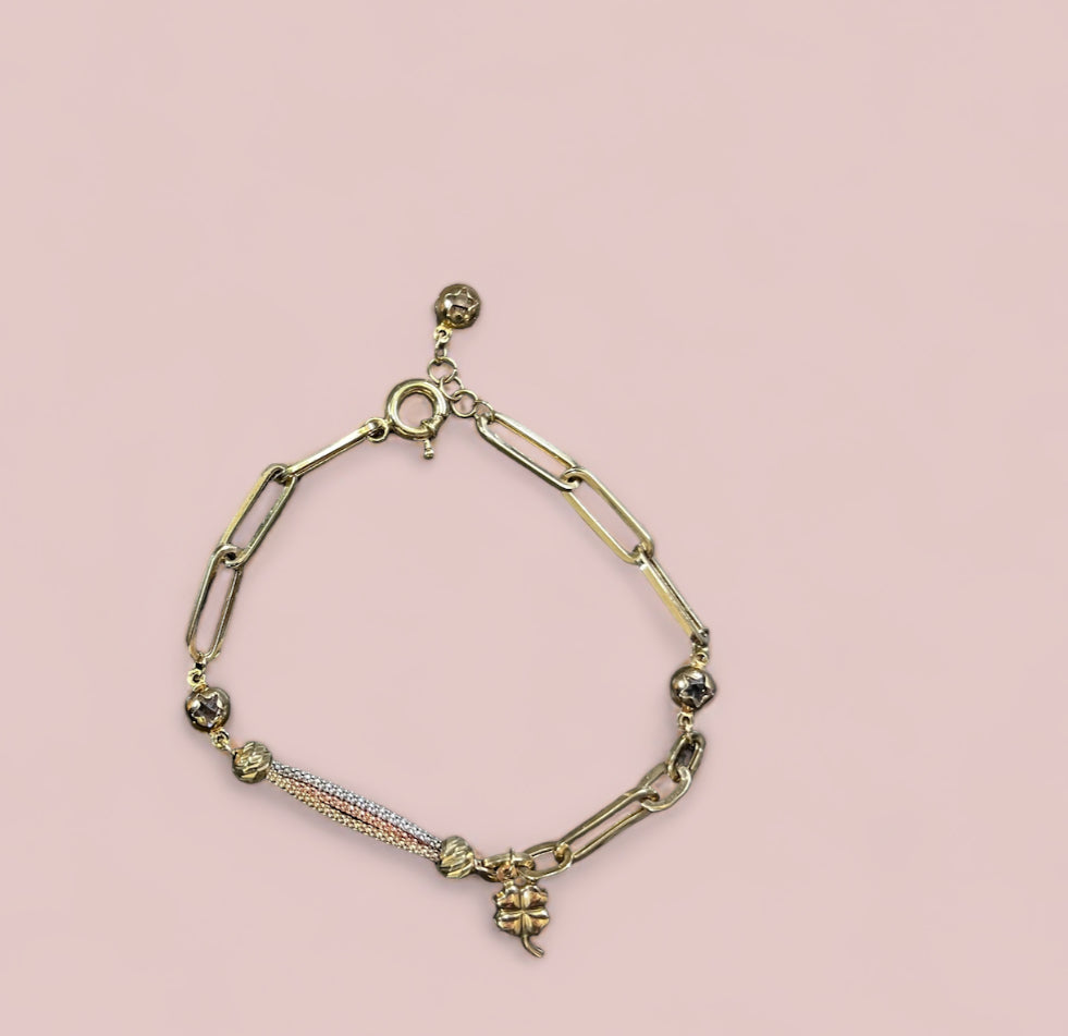 10K Paperclip Tri Tone Lucky Clover Charm Bracelet