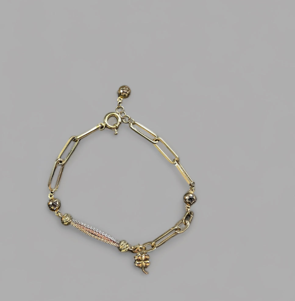 10K Paperclip Tri Tone Lucky Clover Charm Bracelet