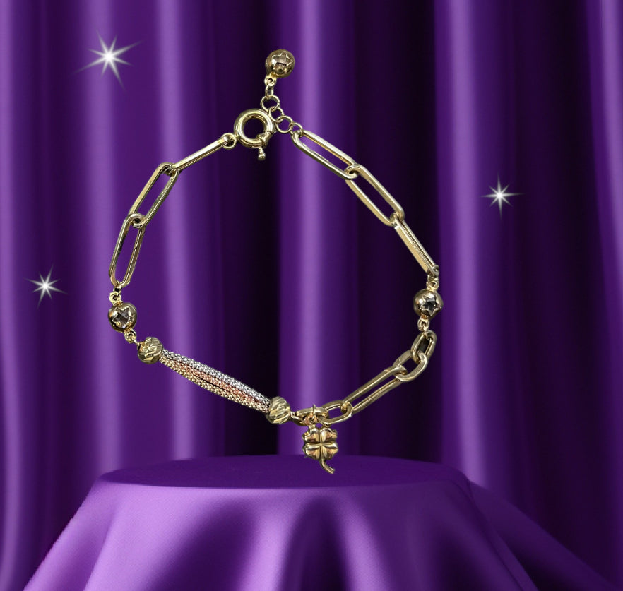 10K Paperclip Tri Tone Lucky Clover Charm Bracelet