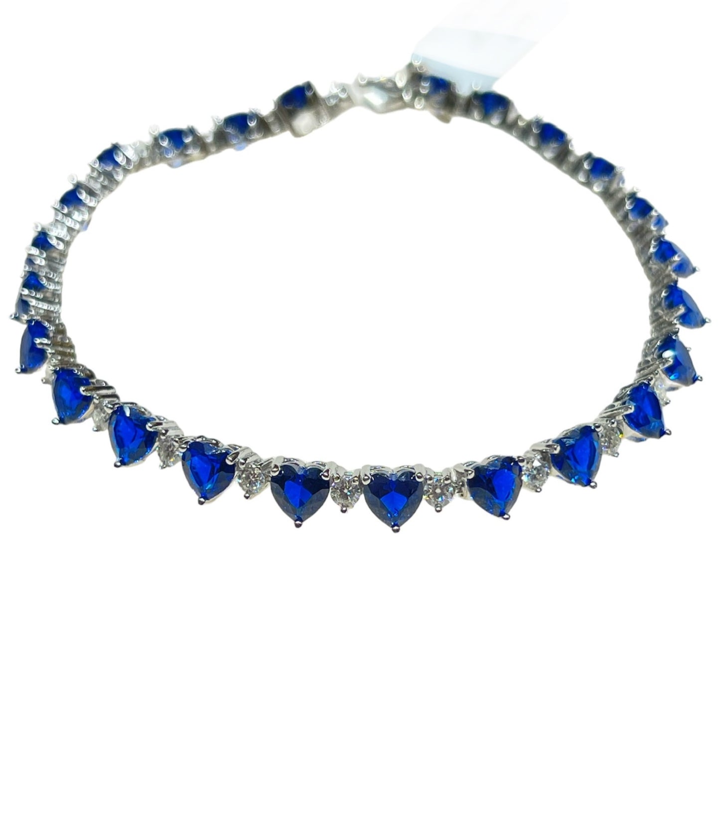 Sterling Silver Moissanite 6mm Blue Sapphire Hearts Bracelet