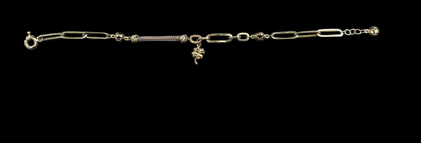 10K Paperclip Tri Tone Lucky Clover Charm Bracelet