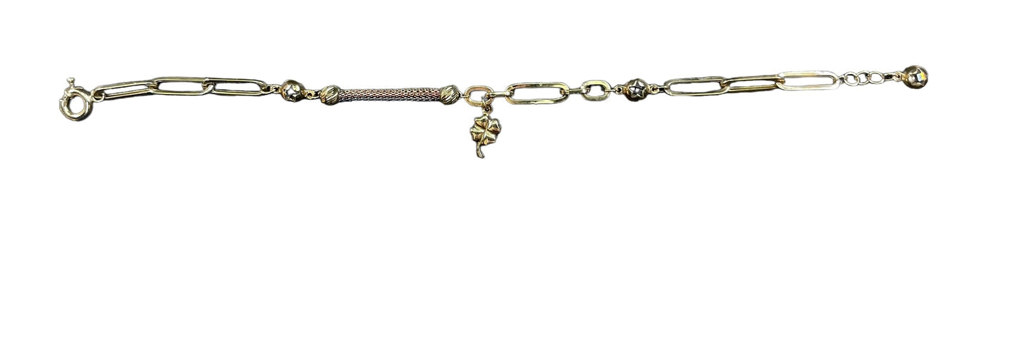 10K Paperclip Tri Tone Lucky Clover Charm Bracelet