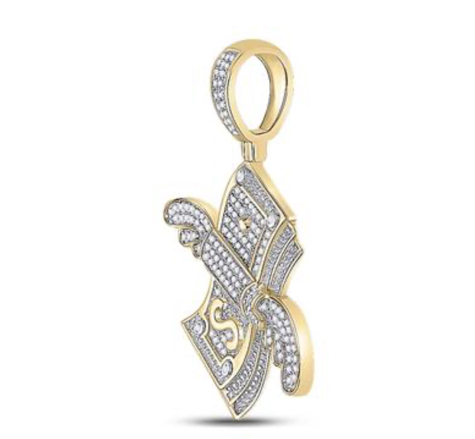 10K Yellow Gold 1/2 Cttw Diamond Flying Dollar Money Charm