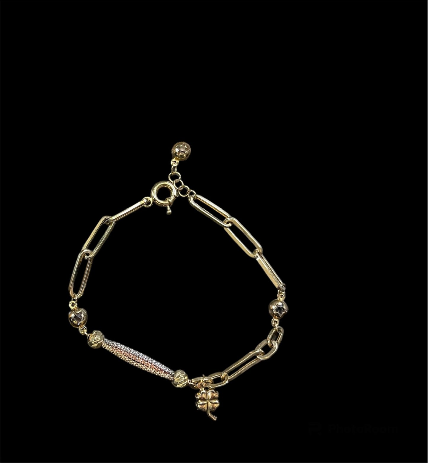 10K Paperclip Tri Tone Lucky Clover Charm Bracelet