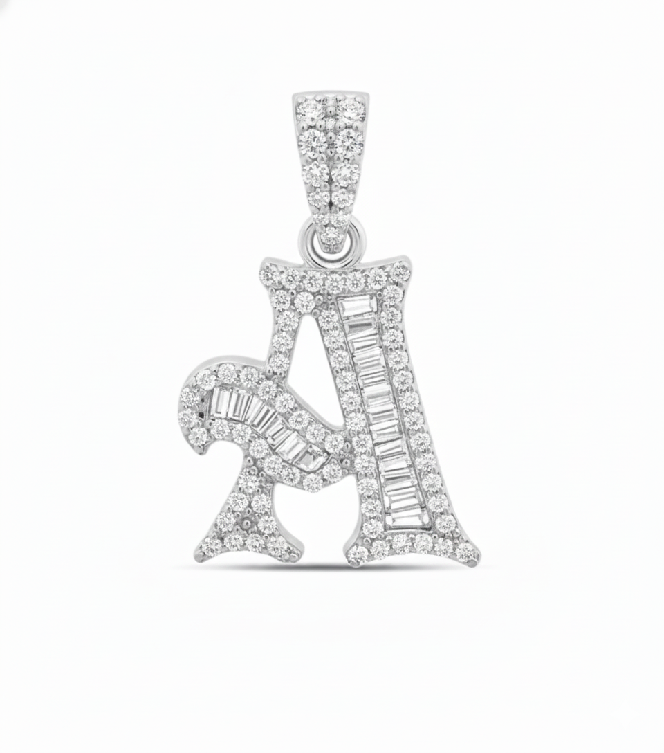 Silver pendant with letter 'A' design on a white background