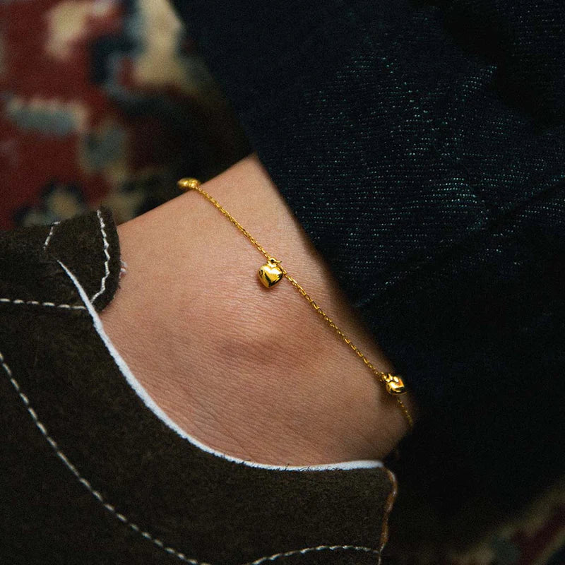 10K Yellow Gold Heart Puff Anklet with Adjustable Extension