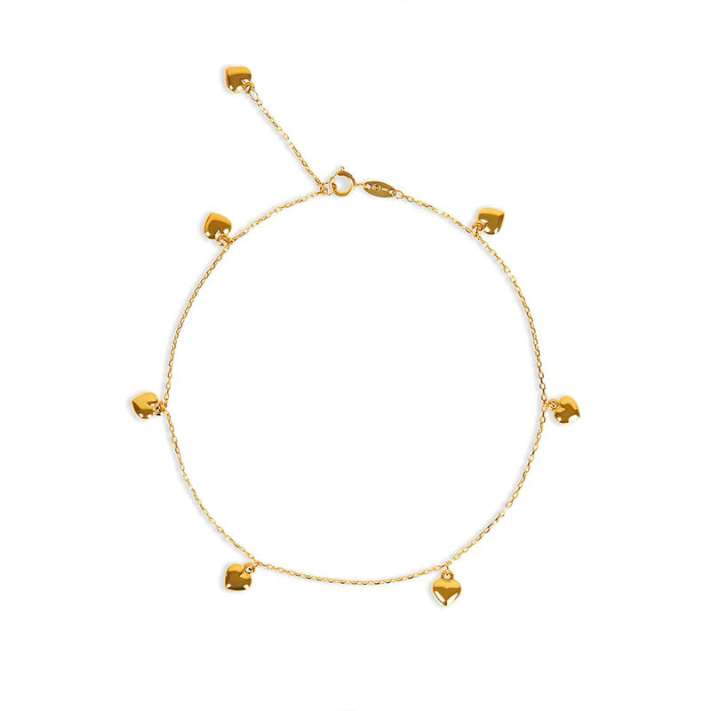 10K Yellow Gold Heart Puff Anklet with Adjustable Extension
