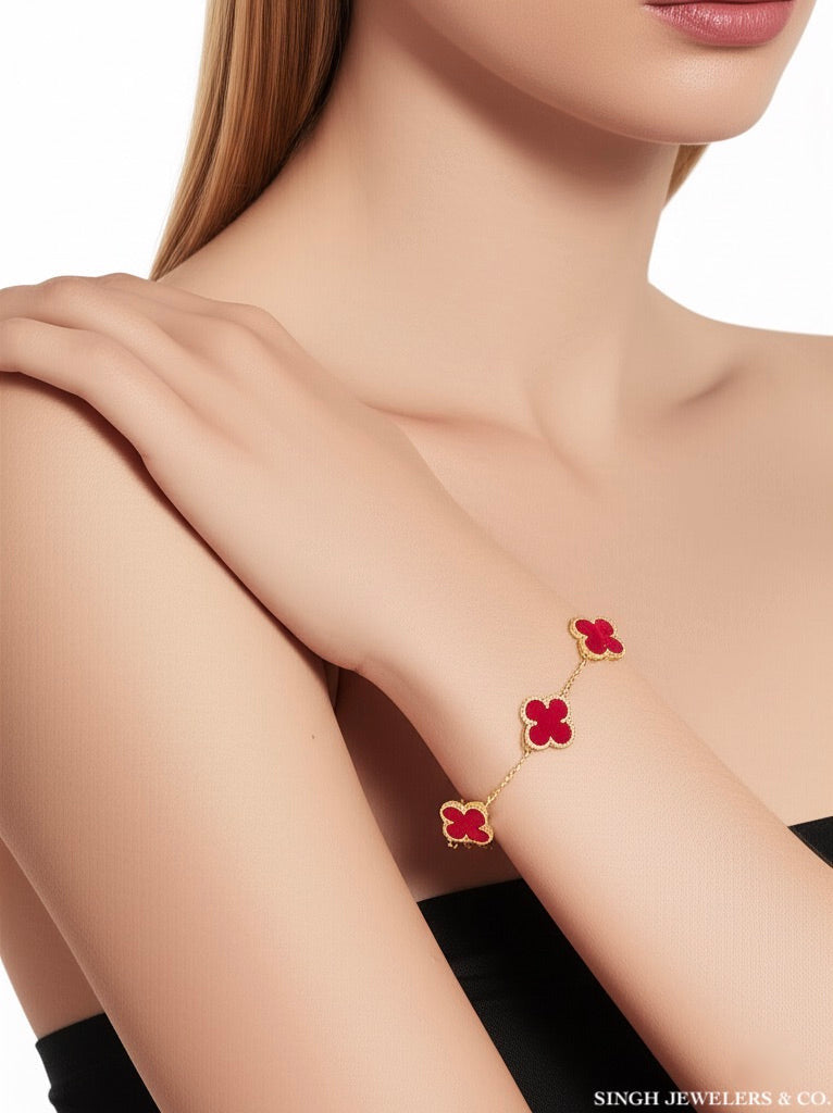 14k Yellow Gold Red Clover Bracelet 7.5” Adjustable