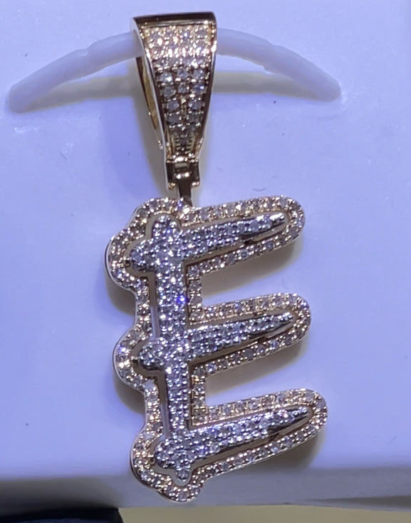 10k yellow gold diamond 'E' initial charm pendant with 1/3 carat total weight of diamonds.
