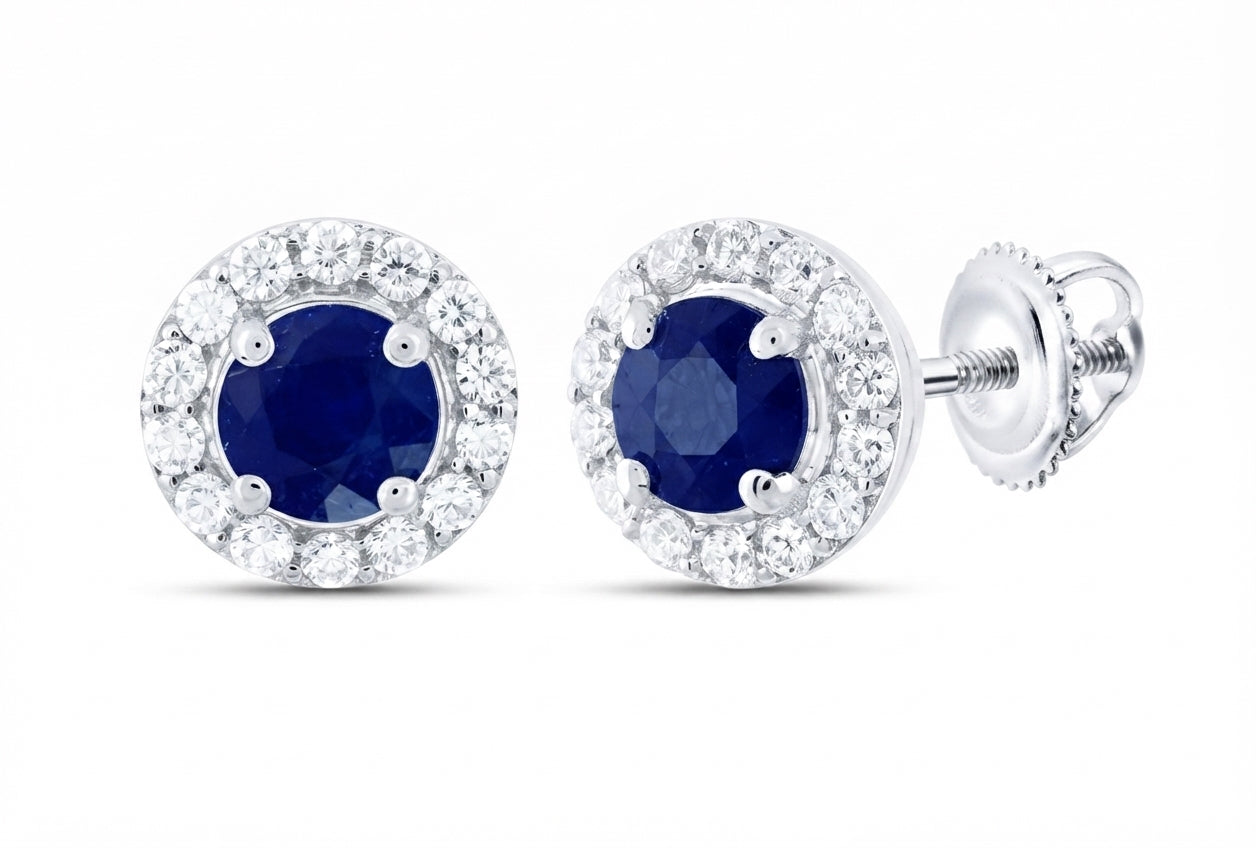 1/8 CTW natural diamond and blue sapphire round earrings in 18K white gold