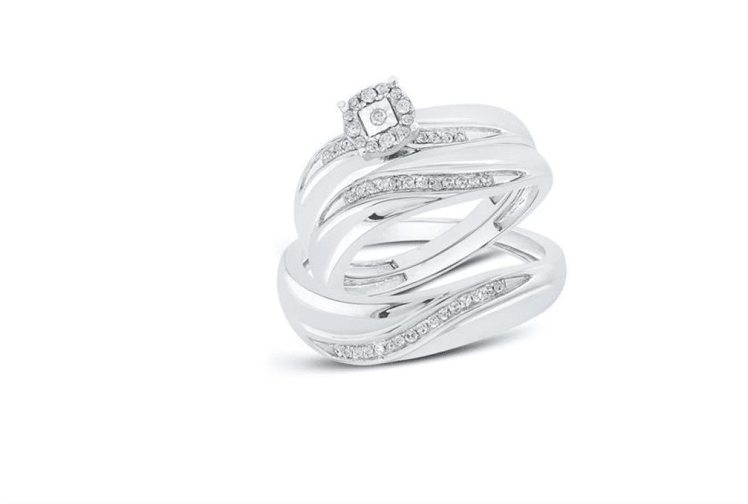 10K White Gold Solitaire Diamond Trio Bridal Set – 1/5 Cttw Matching Rings