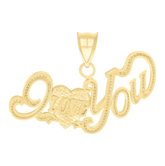 A 10K yellow gold heart-shaped pendant with the words 'I love you' written in a cursive script, adorned with small dangling embellishments.