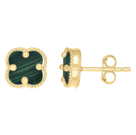 14k Yellow Gold Clover Green Enamel Earrings