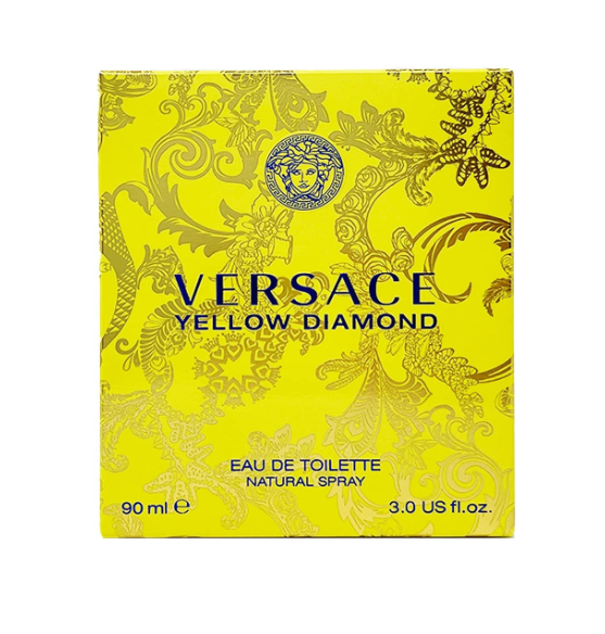 Versace Yellow Diamond perfume bottle – a clear glass flacon with faceted edges, topped with a large yellow gem-like cap, showcasing the bright golden fragrance inside.