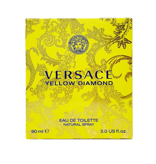 Versace Yellow Diamond perfume bottle – a clear glass flacon with faceted edges, topped with a large yellow gem-like cap, showcasing the bright golden fragrance inside.