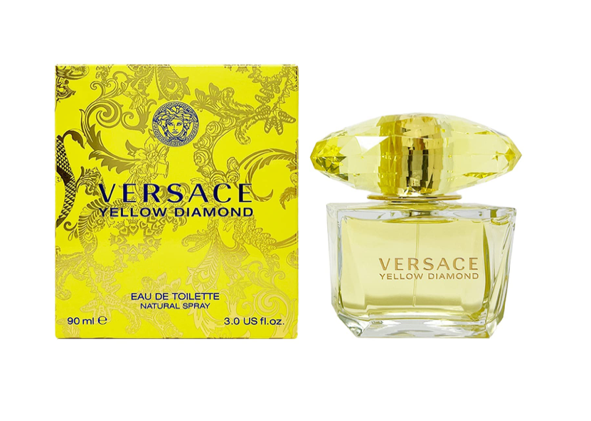 Versace Yellow Diamond perfume bottle – a clear glass flacon with faceted edges, topped with a large yellow gem-like cap, showcasing the bright golden fragrance inside.