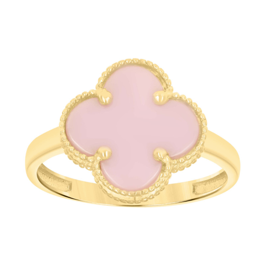 A 10K yellow gold ring with a clover-shaped pink gemstone and decorative elements on the shank.