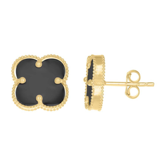 14k Yellow Gold 12mm Clover Sheer Black Earrings