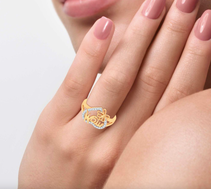 10K Mom Diamond Heart Butterfly Ring