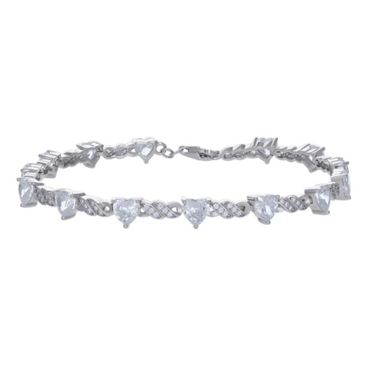 Sterling Silver Ladies Heart Round Cubic-Zirconia Heart Tennis Bracelet