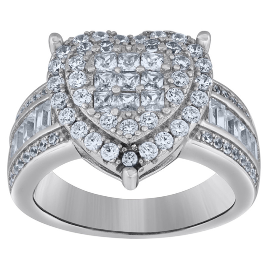 925 Sterling Silver Women's Princess-Cut Round Cubic Zirconia Heart Ring