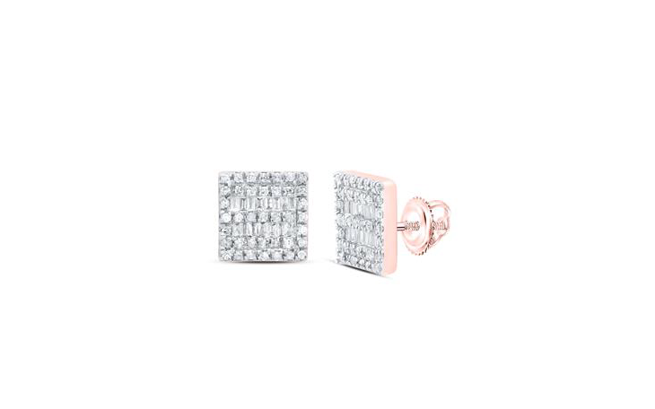 10K Square Box Baguette Round Diamond Earrings Studs