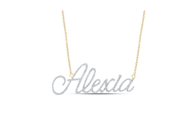 A yellow gold necklace with a diamond nameplate that reads 'Alexia'.