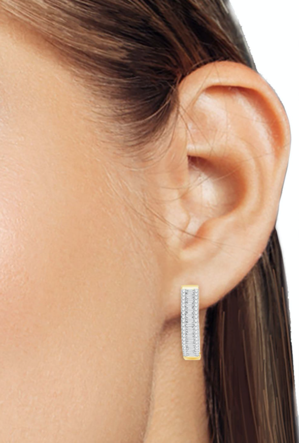 10K Baguette Round Diamond Hoops