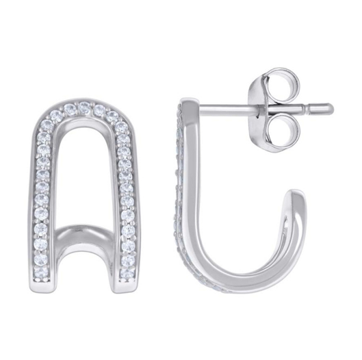 Sterling Silver White Sapphires J-Shaped Stud Earrings