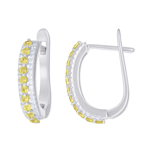 Sterling Silver Yellow White Sapphires U-Shape Hoop Earrings