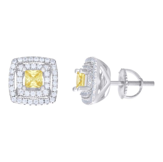 Sterling Silver Yellow White Princess-Cut Round White Sapphires Square Stud Earrings