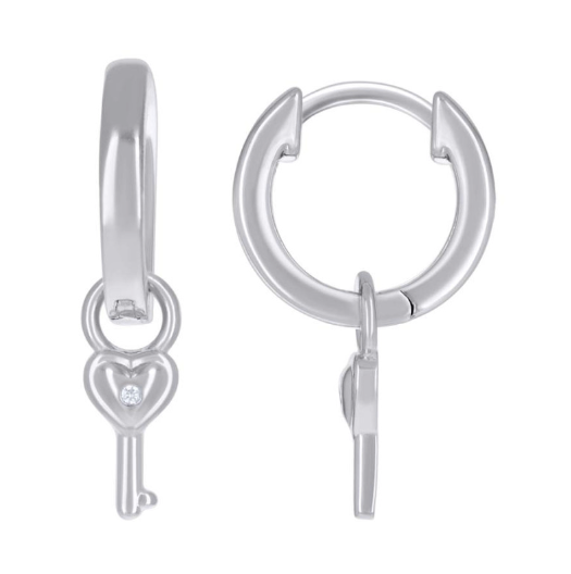 Sterling Silver Keys White Sapphires Hoops Earrings