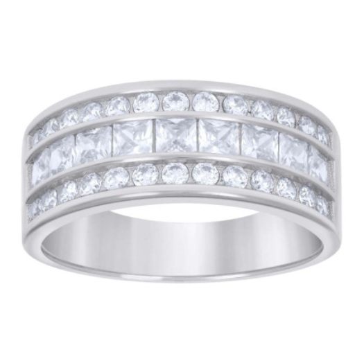Sterling Silver Mens Princess-Cut Round White Sapphires Wedding Band