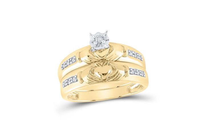Claddagh Diamond Trio Wedding Ring Set – 1/8 Cttw