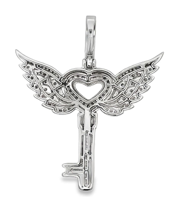 Sterling Silver Heart Key with Wings Baguette Iced Out Moissanite Pendant