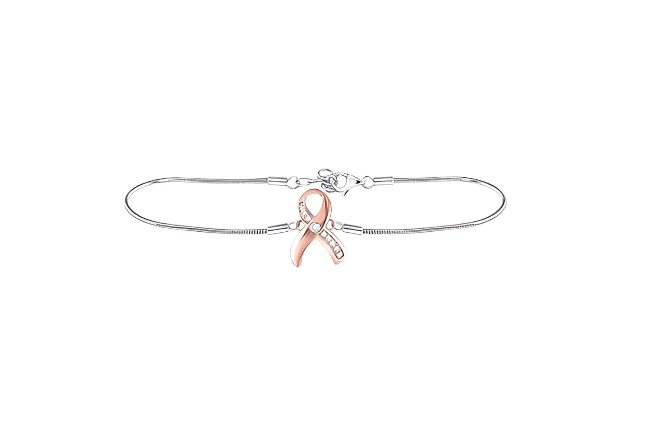 Sterling Silver Breast Cancer Pink Awareness Ribbon Round 1/20 Cttw Diamonds Bracelet