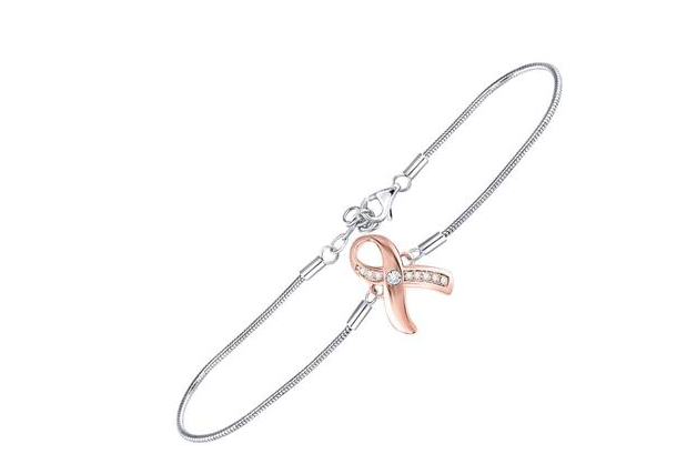 Sterling Silver Breast Cancer Pink Awareness Ribbon Round 1/20 Cttw Diamonds Bracelet
