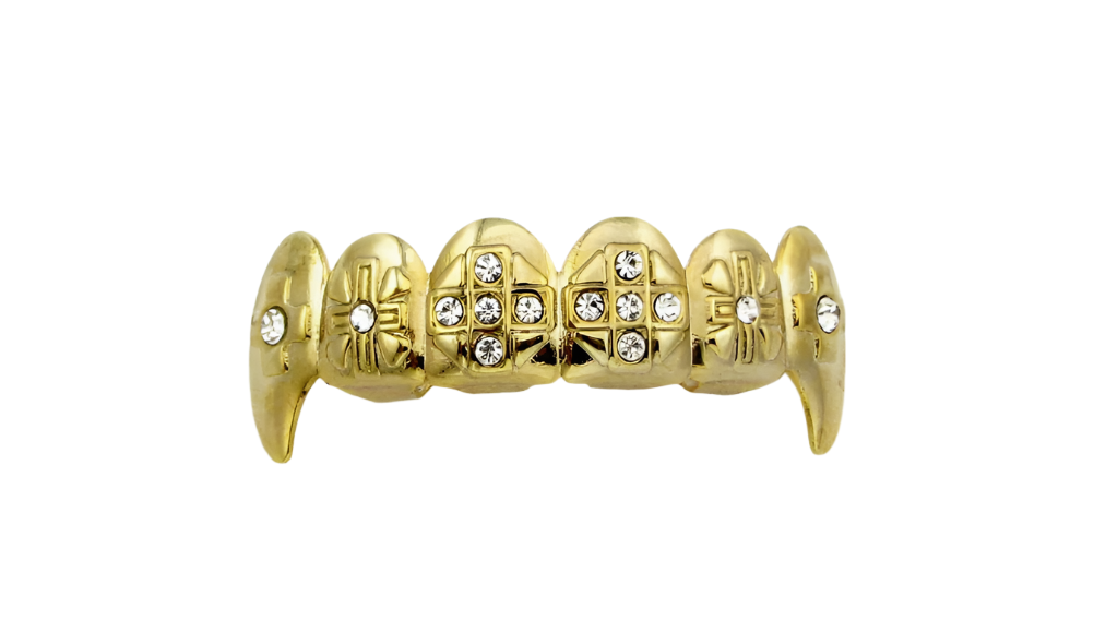 Gold Tone Tops 6 Fangs Grillz Hip Hop Cubic Zirconias Bling