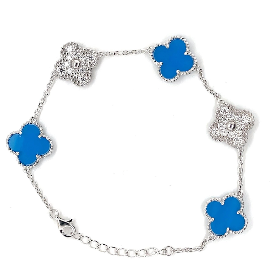 Sterling Silver 1.29CT Moissanite Royal Blue 14mm Clover Bracelet