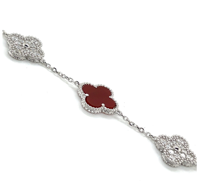 Sterling Silver Moissanite Burgundy Red 14mm Clover Bracelet