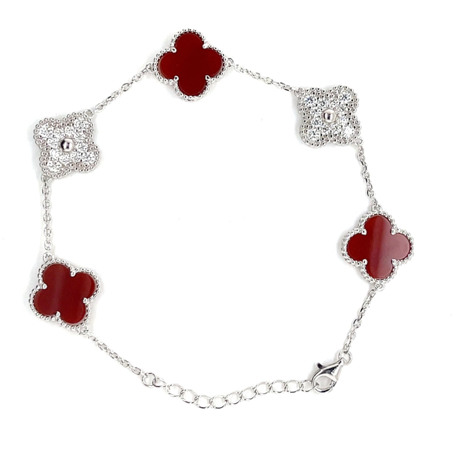 Sterling Silver Moissanite Burgundy Red 14mm Clover Bracelet