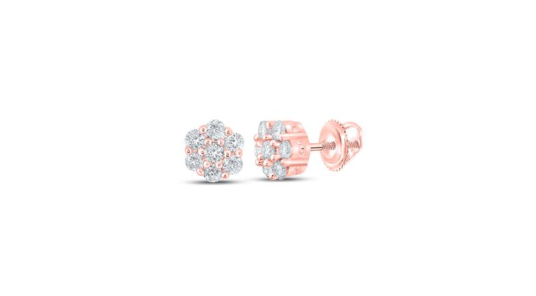 10k Rose Gold Flower Round Diamonds Stud