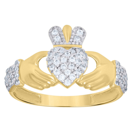 10k Yellow Gold White Sapphires Heart Claddagh Ring