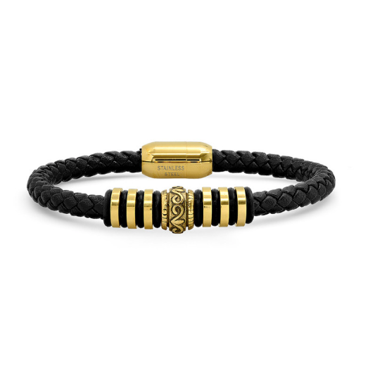 Stainless Steel Mens Yellow Black-Tone Weave Fashion Bracelet