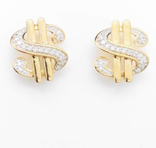 10k Yellow Gold Dollar Sign 1/10 Cttw Diamond Earrings