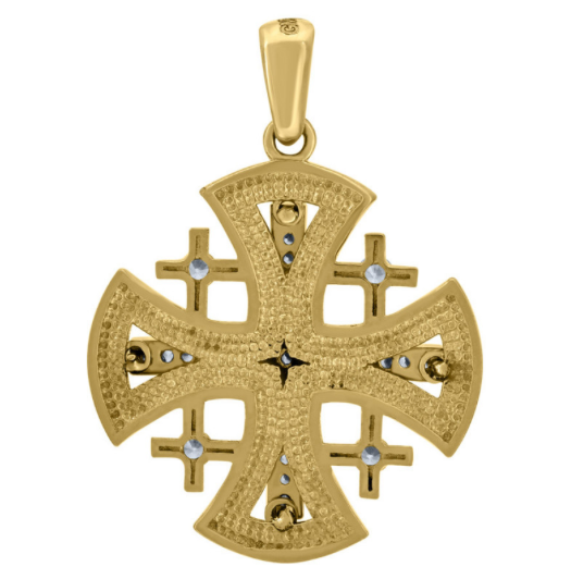 14k Yellow Gold Unisex Jerusalem Cross Blue Enamel Charm