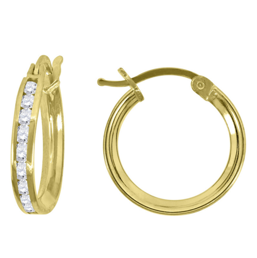 14kt Yellow Gold Unisex Single Row CZ Huggie Hoops 14mm x 2mm