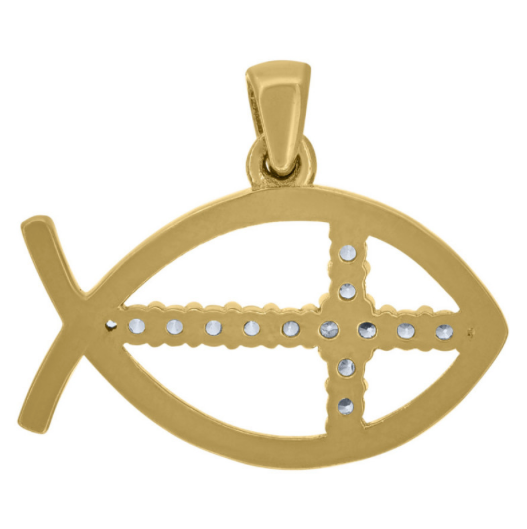 14k Yellow Gold Unisex White Sapphires Ichthus With Cross Charm